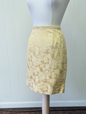 Vintage Handmade Brocade Pale Butter Yellow Floral Pencil Skirt